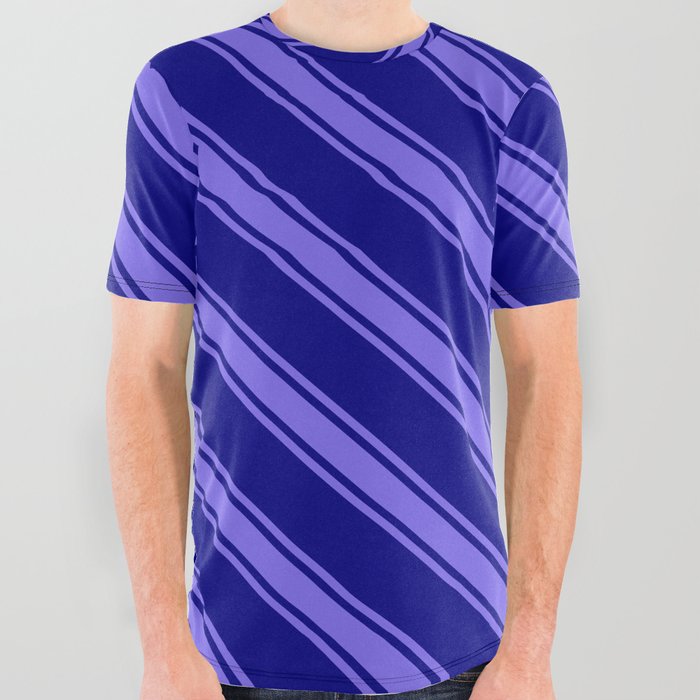 Blue and Medium Slate Blue Colored Lined/Striped Pattern All Over Graphic Tee