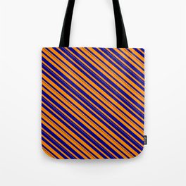 [ Thumbnail: Dark Orange and Dark Blue Colored Lined/Striped Pattern Tote Bag ]