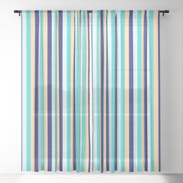 [ Thumbnail: Turquoise, Light Cyan, Midnight Blue, and Tan Colored Stripes/Lines Pattern Sheer Curtain ]