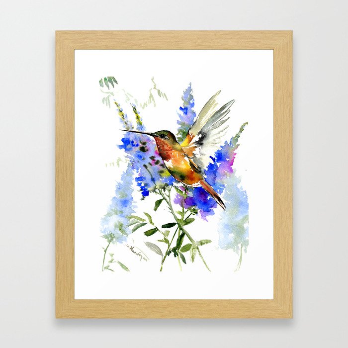 Alen's Hummingbird and Blue Flowers, floral bird design birds, watercolor floral bird art Framed Art Print