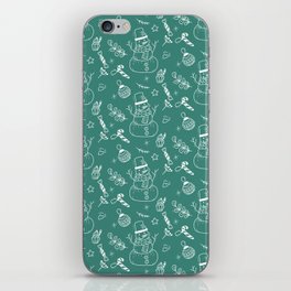 Green Blue and White Christmas Snowman Doodle Pattern iPhone Skin