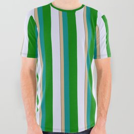 [ Thumbnail: Vibrant Tan, Dark Cyan, Green, Lavender & Black Colored Striped/Lined Pattern All Over Graphic Tee ]