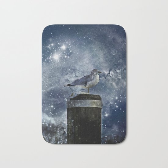 One Legged Seagull in a Snowstorm with Stars in His Eyes Bath Mat