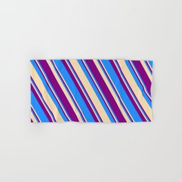 [ Thumbnail: Blue, Tan, and Purple Colored Striped Pattern Hand & Bath Towel ]