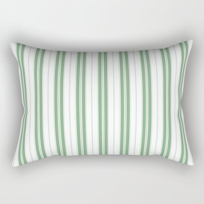 Fern Green and White Vertical Vintage American Country Cabin Ticking Stripe Rectangular Pillow