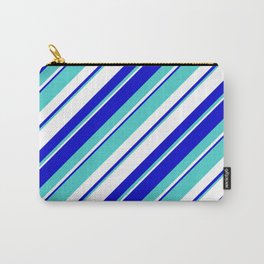 [ Thumbnail: Turquoise, White, and Blue Colored Striped/Lined Pattern Carry-All Pouch ]
