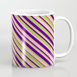 [ Thumbnail: Green, Light Pink & Indigo Colored Striped Pattern Coffee Mug ]