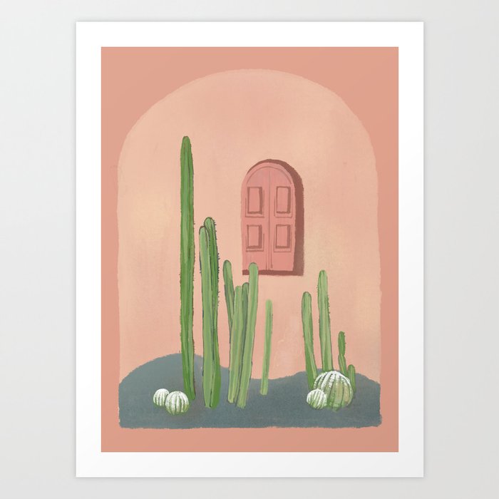 Pink window door with cactus Art Print