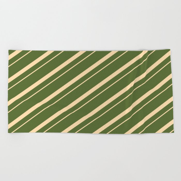 Dark Olive Green & Tan Colored Lined/Striped Pattern Beach Towel
