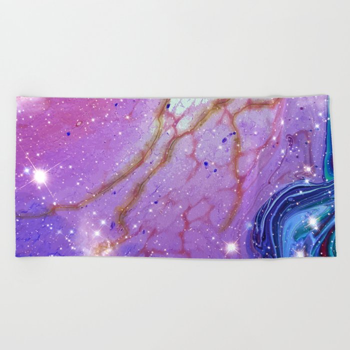 Neon marble space #2: purple, blue, stars Beach Towel
