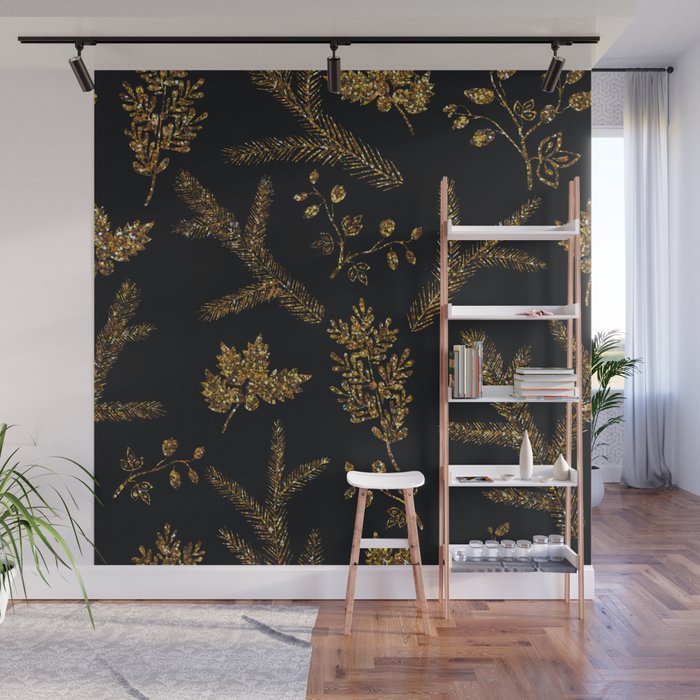 Elegant Seamless Pattern With Christmas Glitter Trees and Confetti on Black Wall Mural
