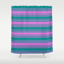 [ Thumbnail: Orchid and Dark Cyan Colored Stripes/Lines Pattern Shower Curtain ]