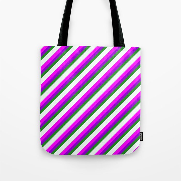 Eye-catching Fuchsia, Dark Violet, Forest Green, Mint Cream, and Light Grey Colored Stripes Pattern Tote Bag