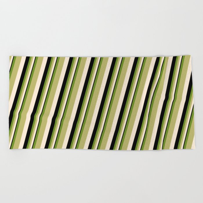 Green, Dark Khaki, Beige & Black Colored Stripes/Lines Pattern Beach Towel