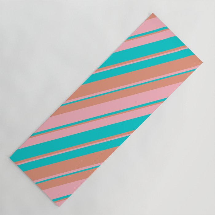 Dark Salmon, Light Pink & Dark Turquoise Colored Stripes Pattern Yoga Mat