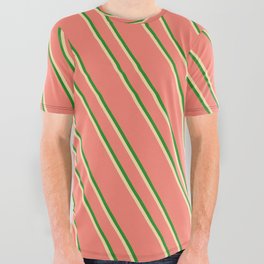 [ Thumbnail: Salmon, Forest Green & Tan Colored Stripes Pattern All Over Graphic Tee ]