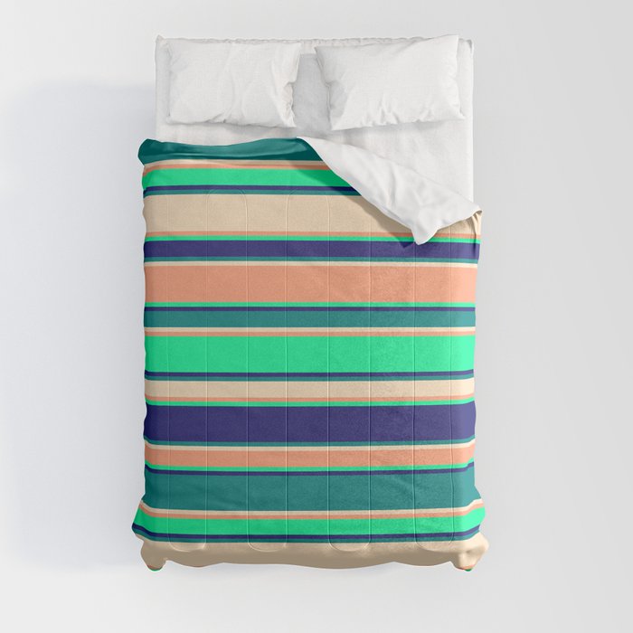 Vibrant Light Salmon, Green, Midnight Blue, Teal, and Bisque Colored Pattern of Stripes Comforter