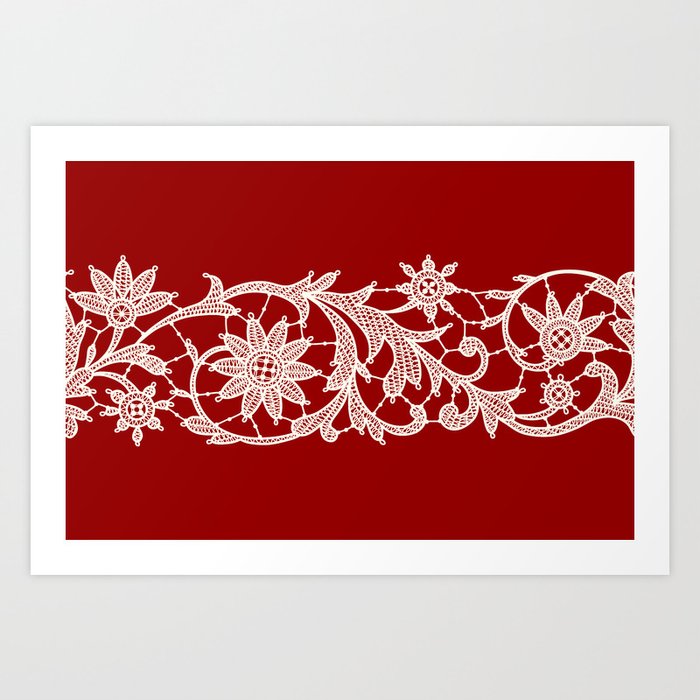 Red Backgrounds. White Lace Ribbon. Art Print by Monochrome Lace