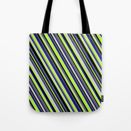 [ Thumbnail: Colorful Midnight Blue, Light Gray, Light Green, Black, and Dim Grey Colored Stripes/Lines Pattern Tote Bag ]