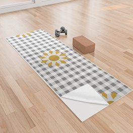Gray Beige Colored Checker Board Effect Grid Illustration with Yellow Mustard Daisy Flowers Yoga Towel