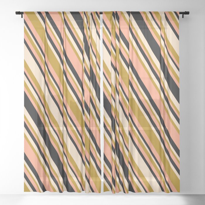 Bisque, Dark Goldenrod, Light Salmon & Black Colored Stripes/Lines Pattern Sheer Curtain