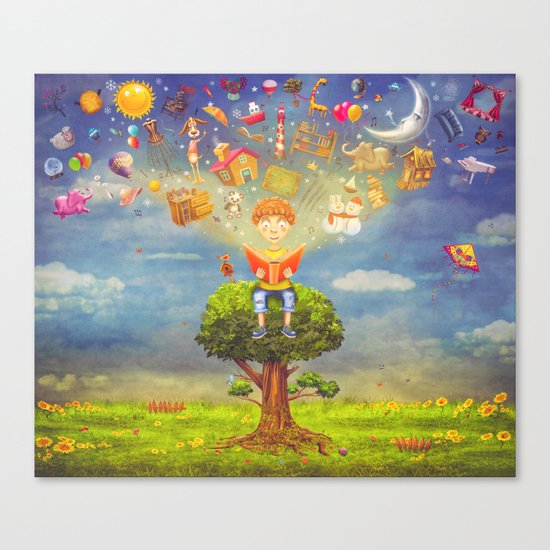 Little boy sitting on the tree and reading a book, objects flying out Canvas Print