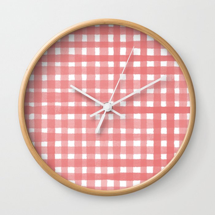 Pink Watercolour Farmhouse Style Gingham Check Wall Clock