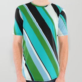 [ Thumbnail: Eye-catching Mint Cream, Sky Blue, Forest Green, Dark Turquoise & Black Colored Pattern of Stripes All Over Graphic Tee ]