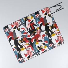 Merry penguins // black white grey dark teal yellow and coral type species of penguins red dressed for winter and Christmas season (King, African, Emperor, Gentoo, Galápagos, Macaroni, Adèlie, Rockhopper, Yellow-eyed, Chinstrap) Picnic Blanket