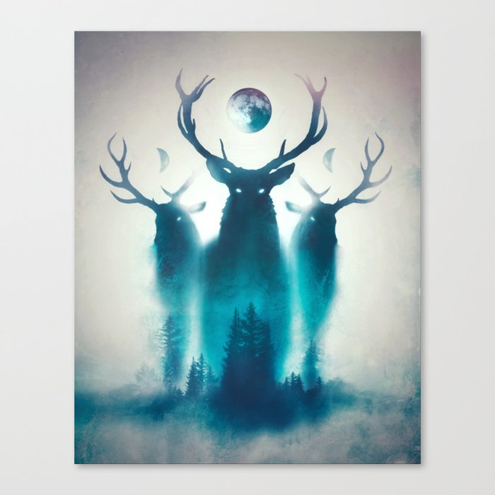 Deer Painting Antlers Forest Moon Occult Vintage Pine