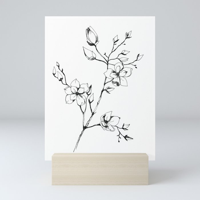 Magnolia pen drawing | Botanical Illustration in black and white  Mini Art Print