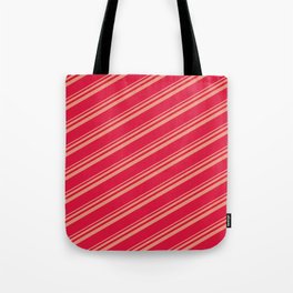 [ Thumbnail: Dark Salmon and Crimson Colored Striped Pattern Tote Bag ]