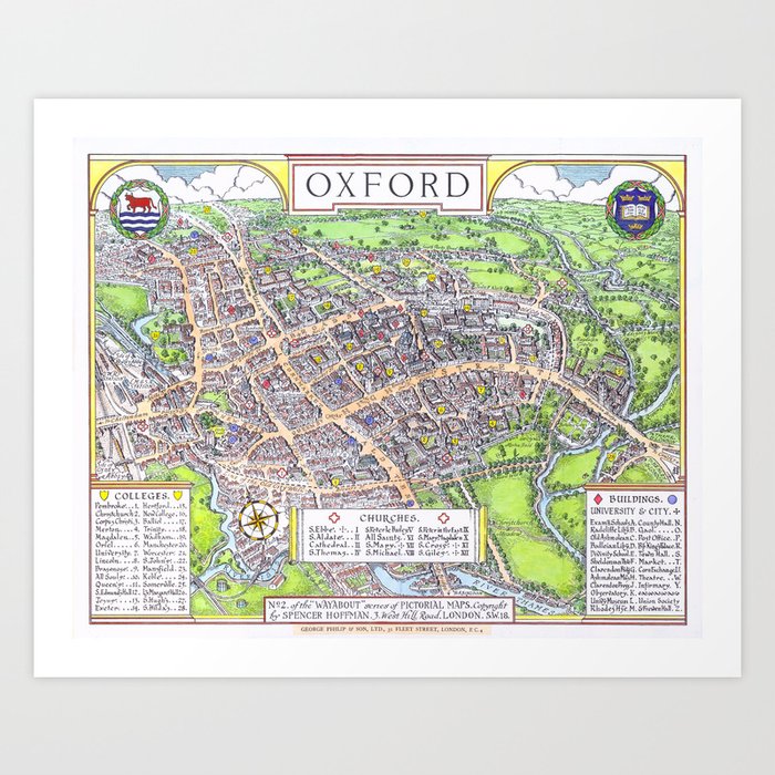 Oxford University Map England Dorm Decor Art Print By