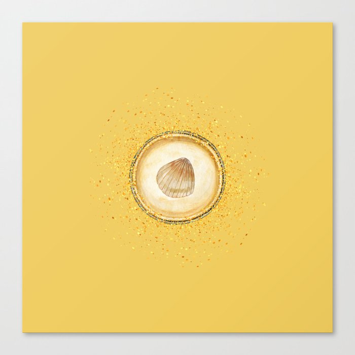 Watercolor Seashell Gold Circle Pendant on Sunshine Yellow Canvas Print