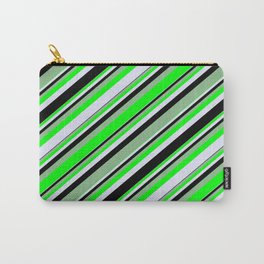 [ Thumbnail: Dark Sea Green, Lime, Lavender, and Black Colored Lines/Stripes Pattern Carry-All Pouch ]