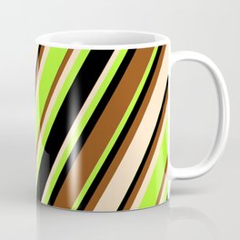 [ Thumbnail: Brown, Bisque, Light Green, and Black Colored Striped Pattern Coffee Mug ]