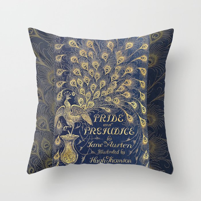 Pride and Prejudice by Jane Austen Vintage Peacock Book Cover Throw Pillow