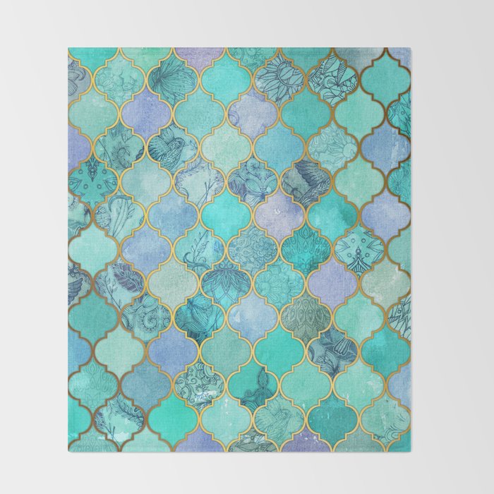Cool Jade & Icy Mint Decorative Moroccan Tile Pattern Throw