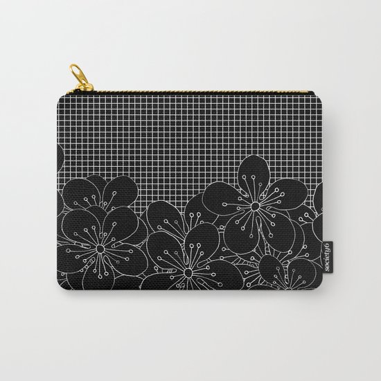 Cherry Blossom Grid Black Carry-All Pouch