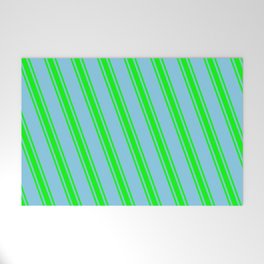 [ Thumbnail: Sky Blue & Lime Colored Lines/Stripes Pattern Welcome Mat ]