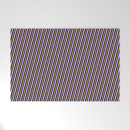 [ Thumbnail: Bisque, Black, Goldenrod, and Blue Colored Pattern of Stripes Welcome Mat ]