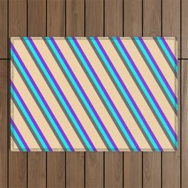 [ Thumbnail: Purple, Cyan, Dim Gray & Tan Colored Lined/Striped Pattern Outdoor Rug ]