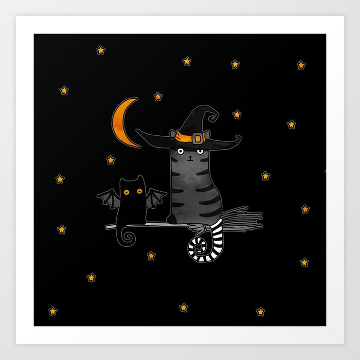 Magic Whitch Cat In A Hat And Her Black Cat Bat For Halloween Art