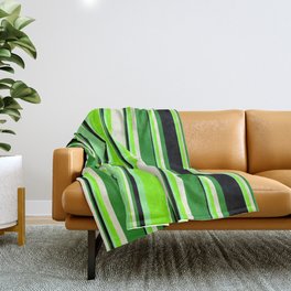[ Thumbnail: Eyecatching Green, Chartreuse, Beige, Forest Green & Black Colored Stripes/Lines Pattern Throw Blanket ]