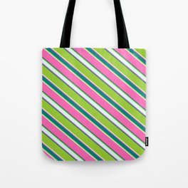 [ Thumbnail: Hot Pink, Teal, Green, and Light Cyan Colored Stripes/Lines Pattern Tote Bag ]
