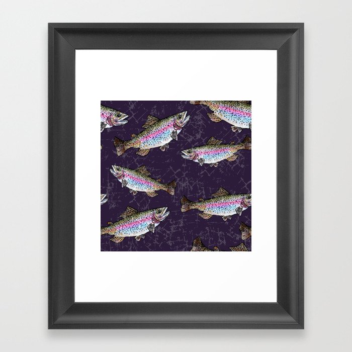 Rainbow Trout Pattern - Dark Purple Framed Art Print