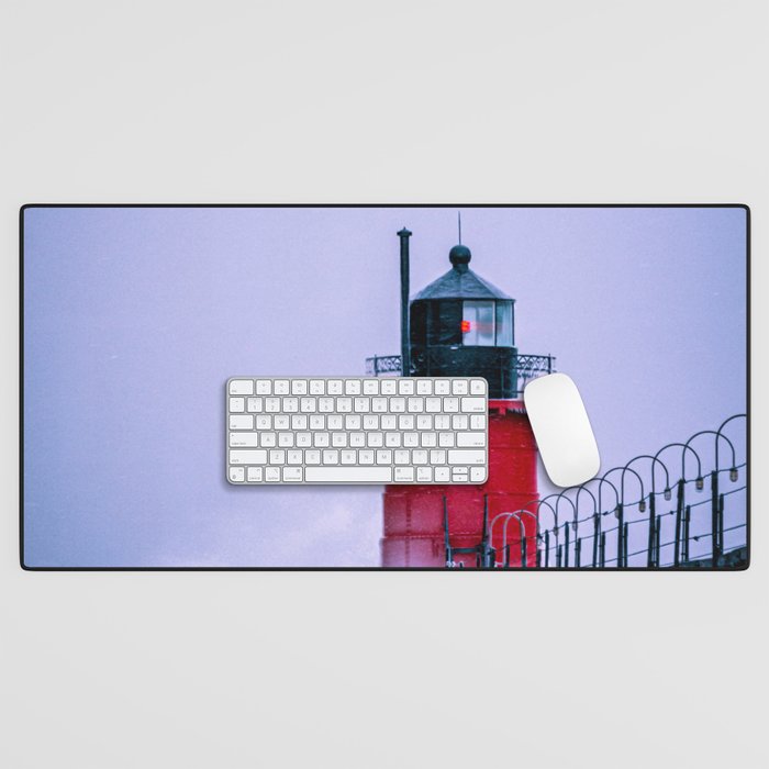 South Haven Lighthouse Winter Waves Icy Pier Little Red Lighthouse Lake Michigan Desk Mat