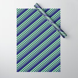 [ Thumbnail: Midnight Blue and Green Colored Stripes Pattern Wrapping Paper ]