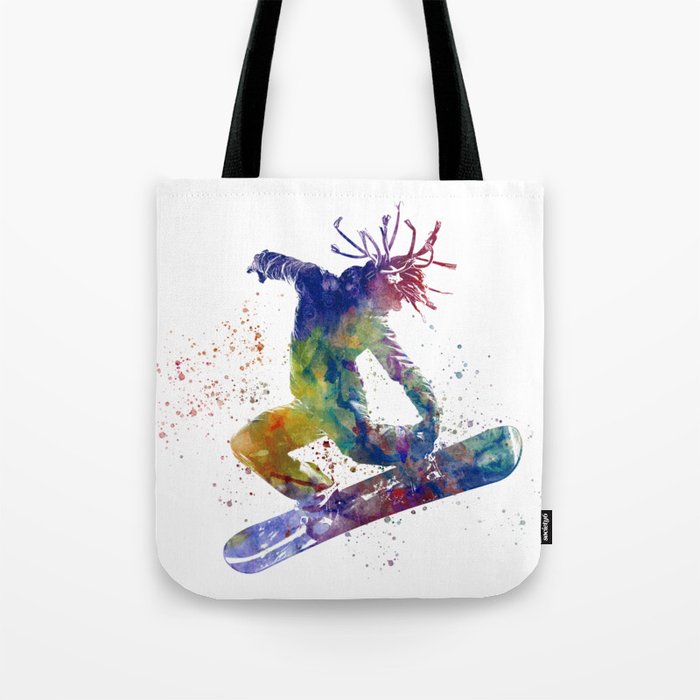 silhouette of young man snowboarder in watercolor Tote Bag