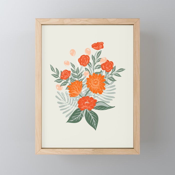 Floral wandering - retro flower bouquet - off-white and orange Framed Mini Art Print